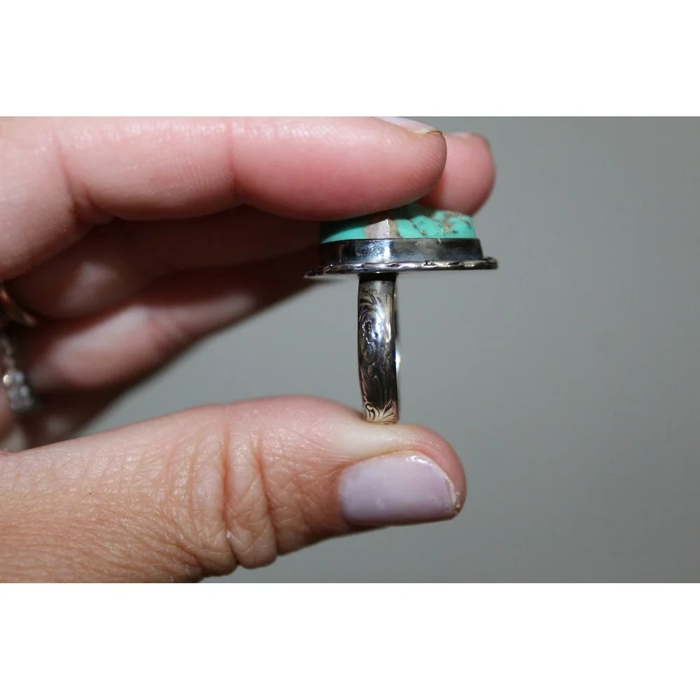 VTG Sterling Silver Turquoise Statement Ring Size 5 Engraved Band 925